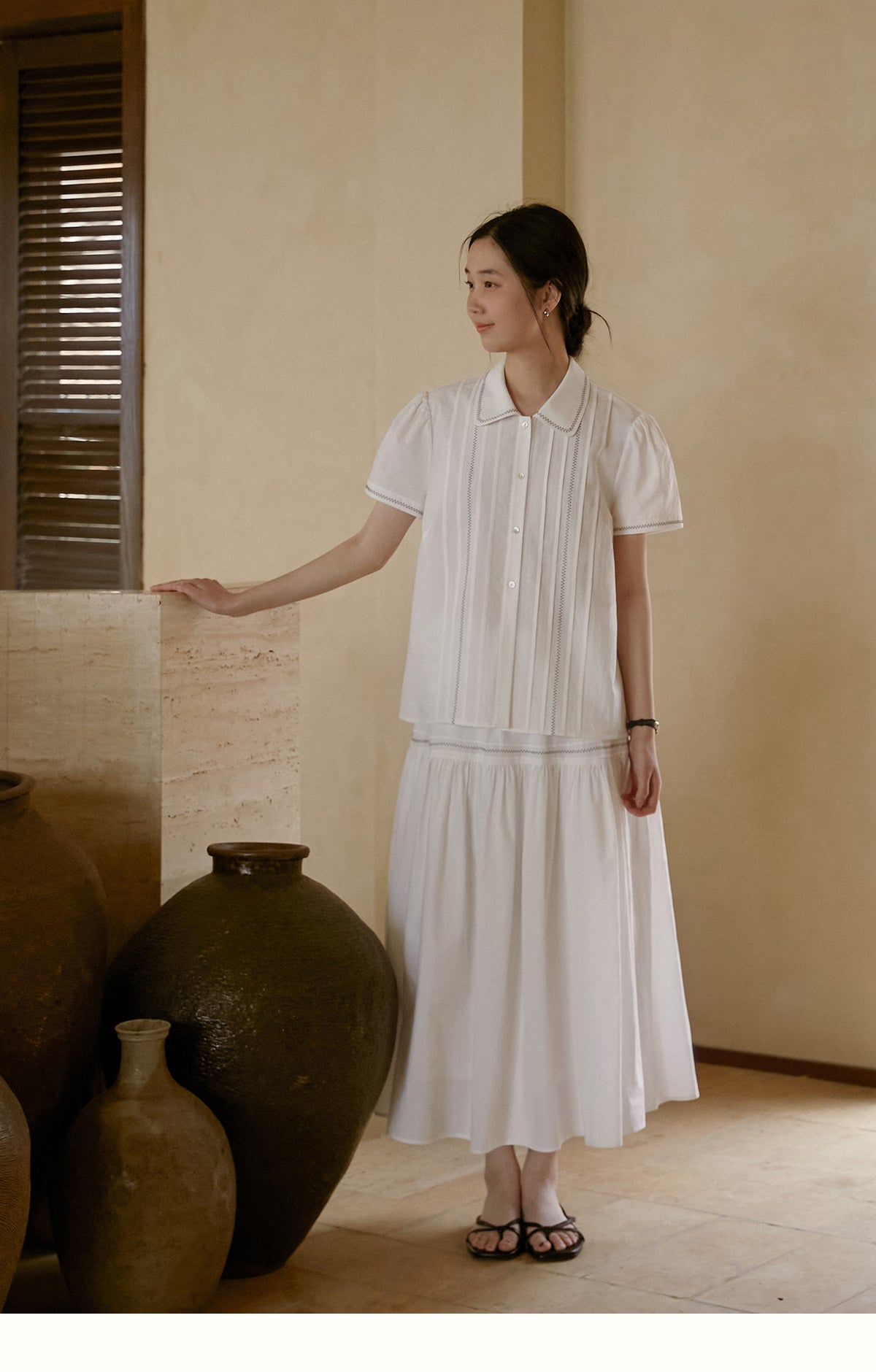 Zig-Zag Stitch Puff-Sleeve Blouse & Maxi Skirt