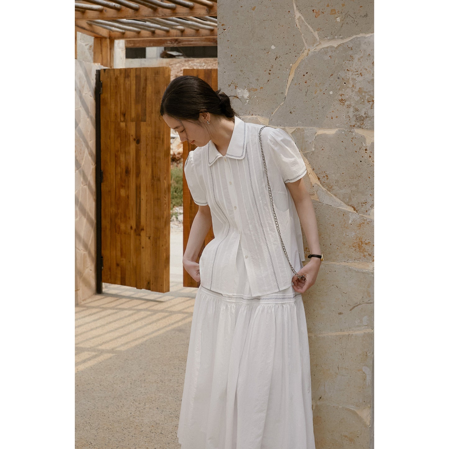 Zig-Zag Stitch Puff-Sleeve Blouse & Maxi Skirt