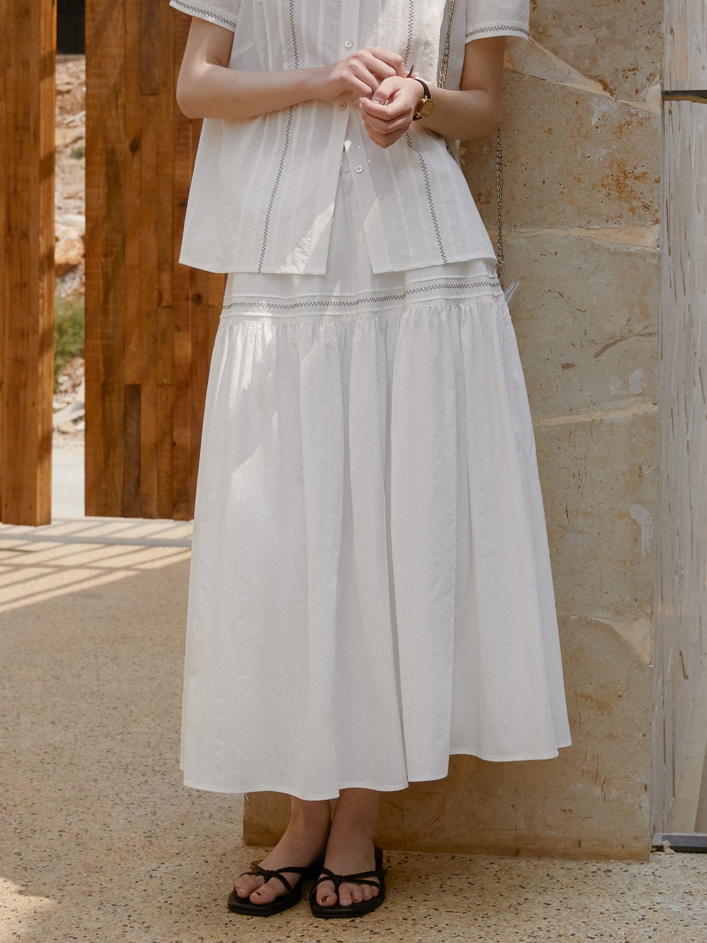 Zig-Zag Stitch Puff-Sleeve Blouse & Maxi Skirt