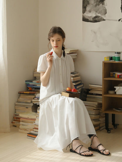 Zig-Zag Stitch Puff-Sleeve Blouse & Maxi Skirt