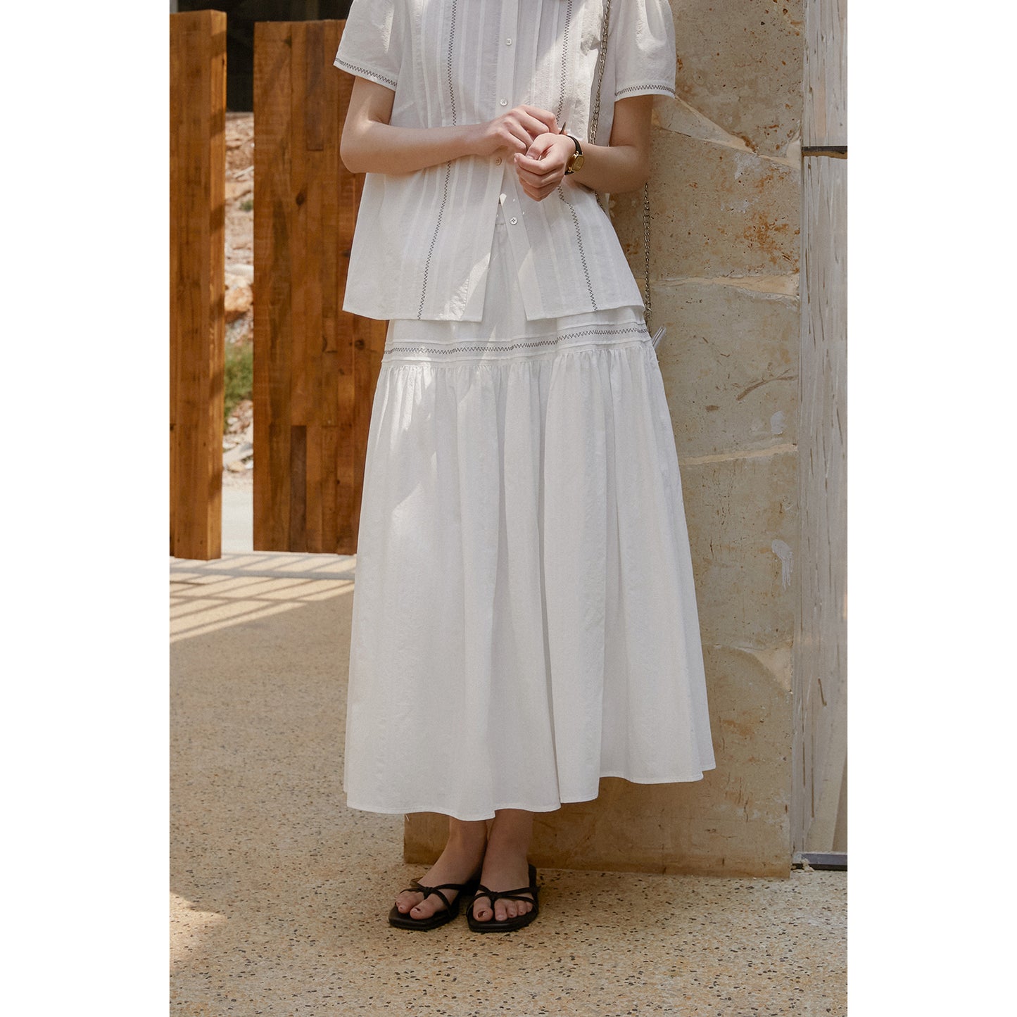 Zig-Zag Stitch Puff-Sleeve Blouse & Maxi Skirt