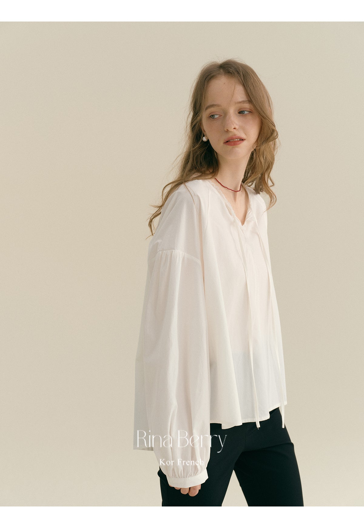 Drop Shoulder Tie-Neck Blouse