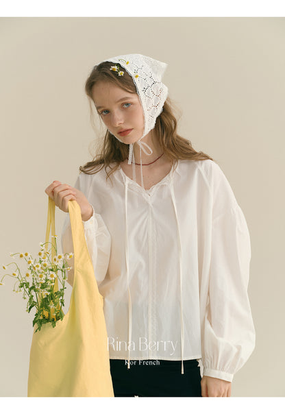 Drop Shoulder Tie-Neck Blouse