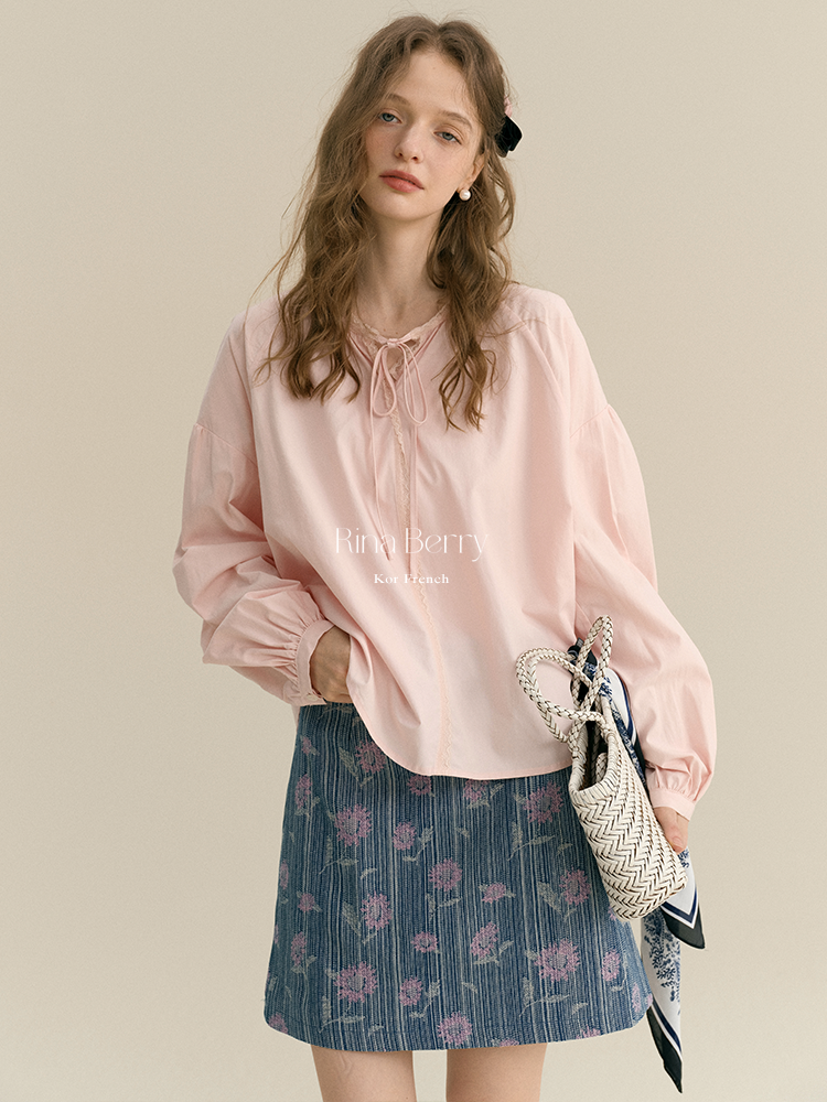 Drop Shoulder Tie-Neck Blouse