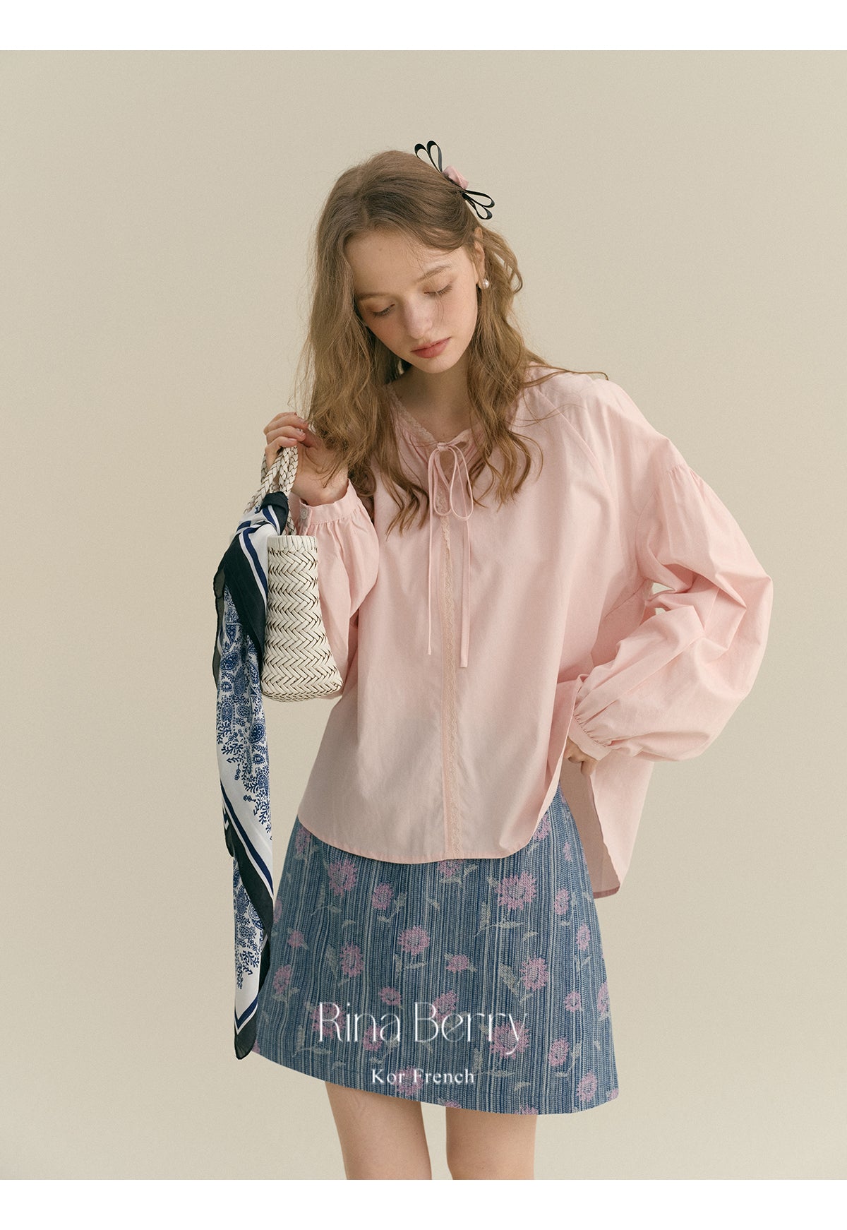 Drop Shoulder Tie-Neck Blouse