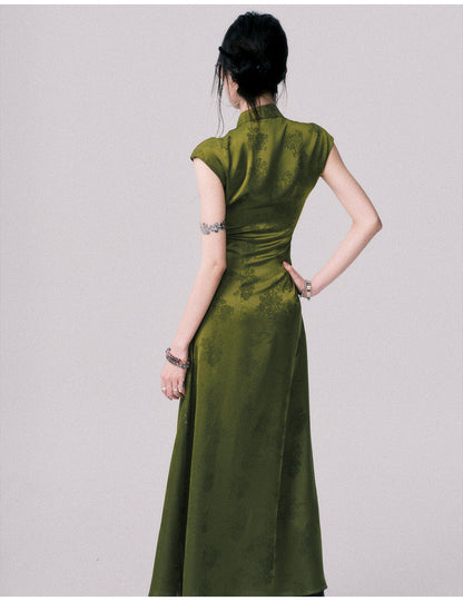 Sleeveless Qipao-Style Slit Dress In Satin Jacquard