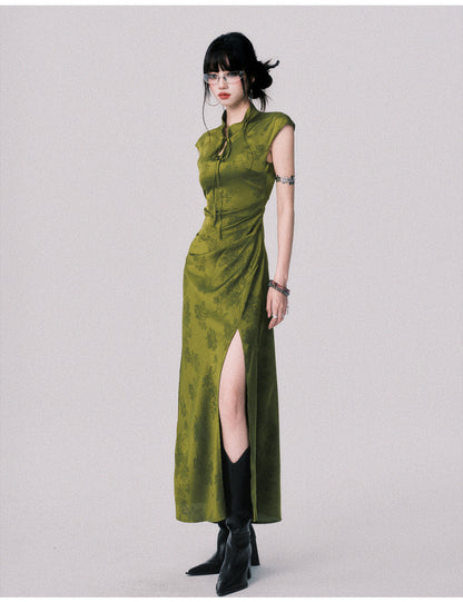 Sleeveless Qipao-Style Slit Dress In Satin Jacquard