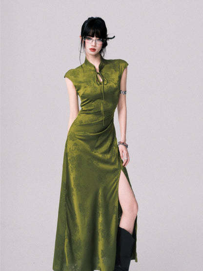 Sleeveless Qipao-Style Slit Dress In Satin Jacquard