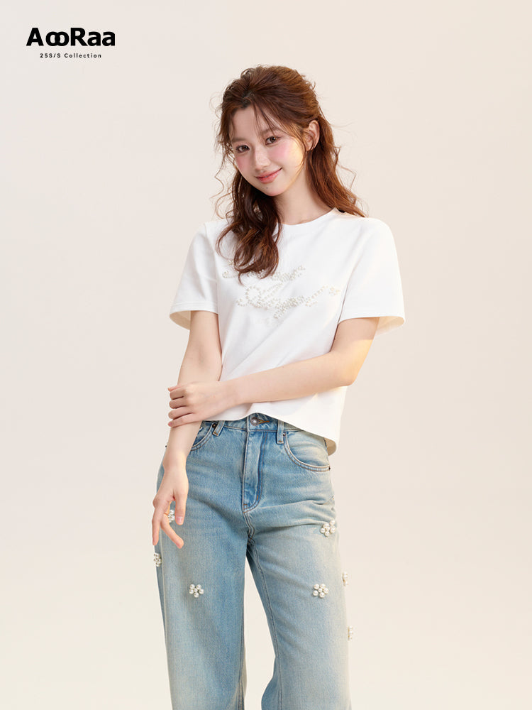 Pearl Beaded Lettering T-Shirt