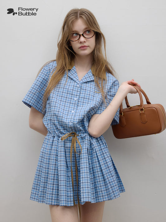 Pleated Shirt Dress With Contrast Colored Waist Tie