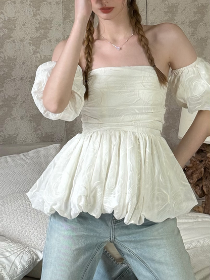 Off Shoulder Bubble Hem Ruched Top