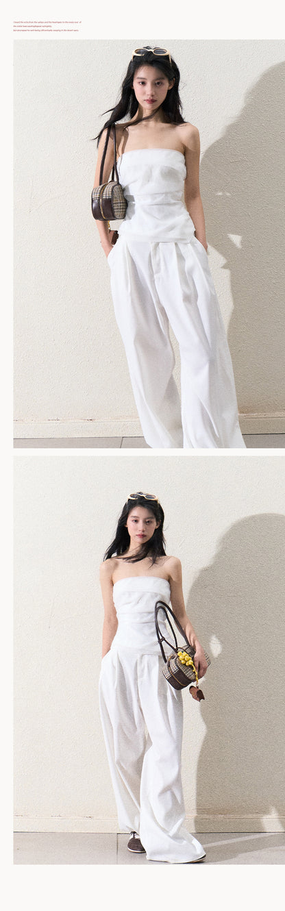 Organza Tube Top And Laced Waist Wide-Leg Pants