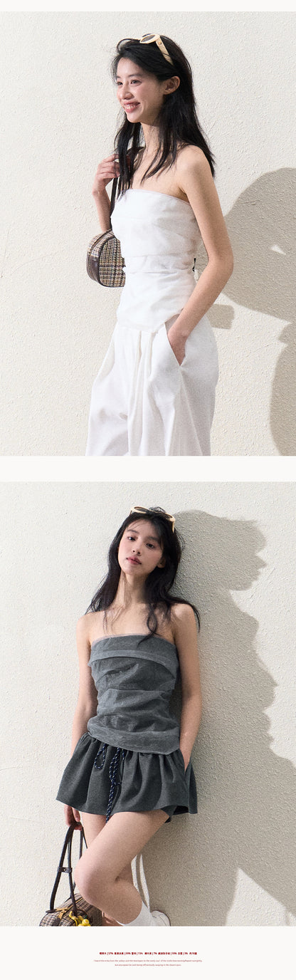 Organza Tube Top And Laced Waist Wide-Leg Pants