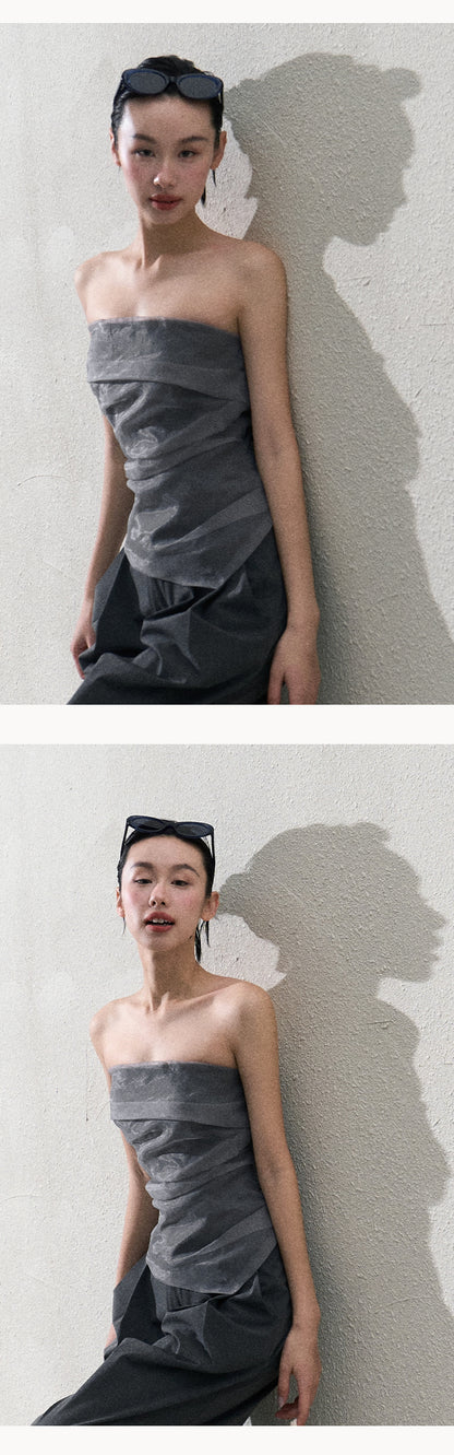 Organza Tube Top And Laced Waist Wide-Leg Pants