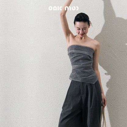 Organza Tube Top And Laced Waist Wide-Leg Pants