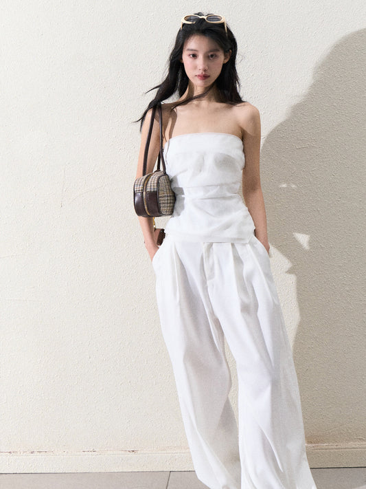 Organza Tube Top And Laced Waist Wide-Leg Pants