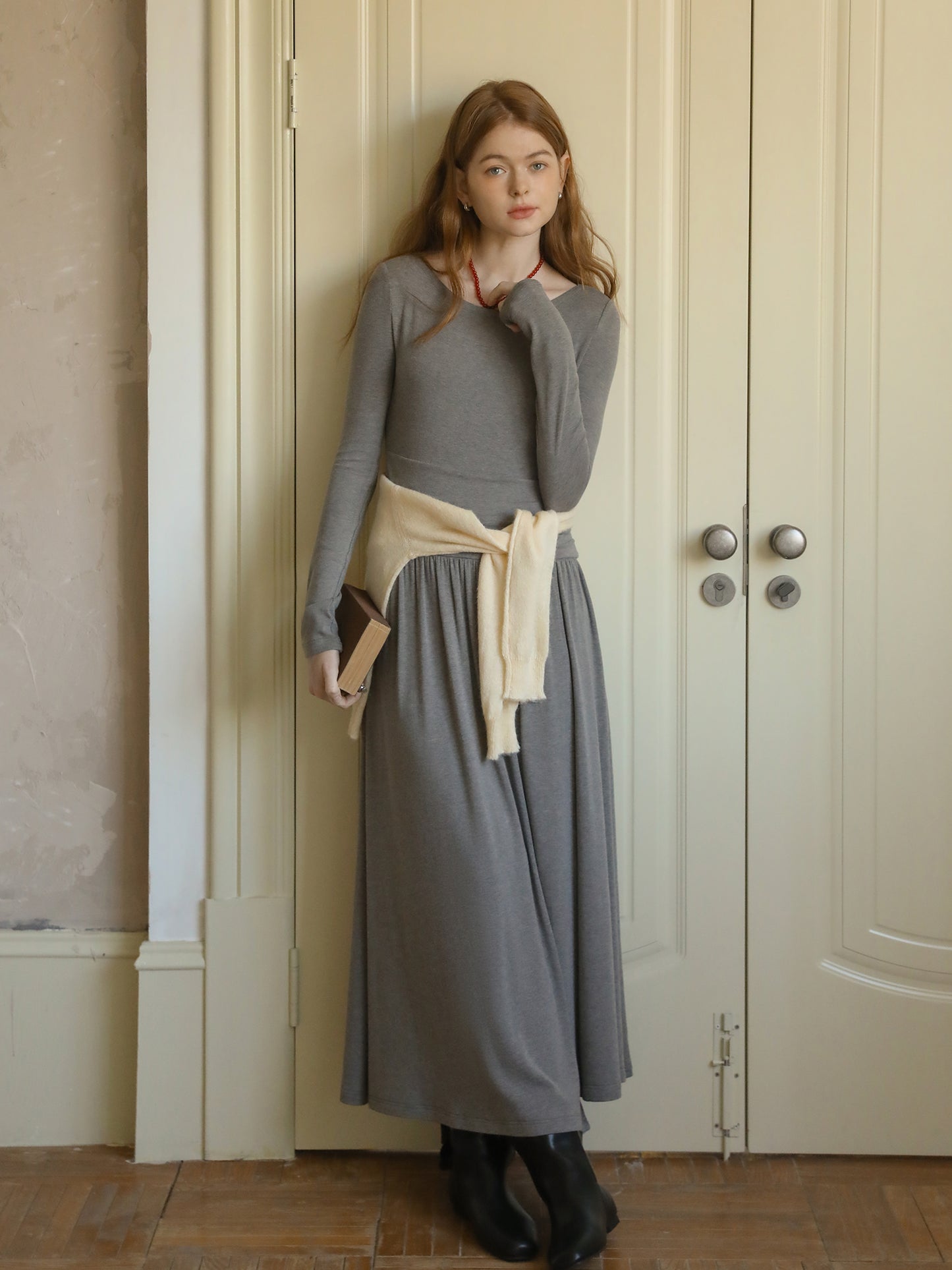 Overlapped Asymmetric Knit Dress With Ruched Waistline