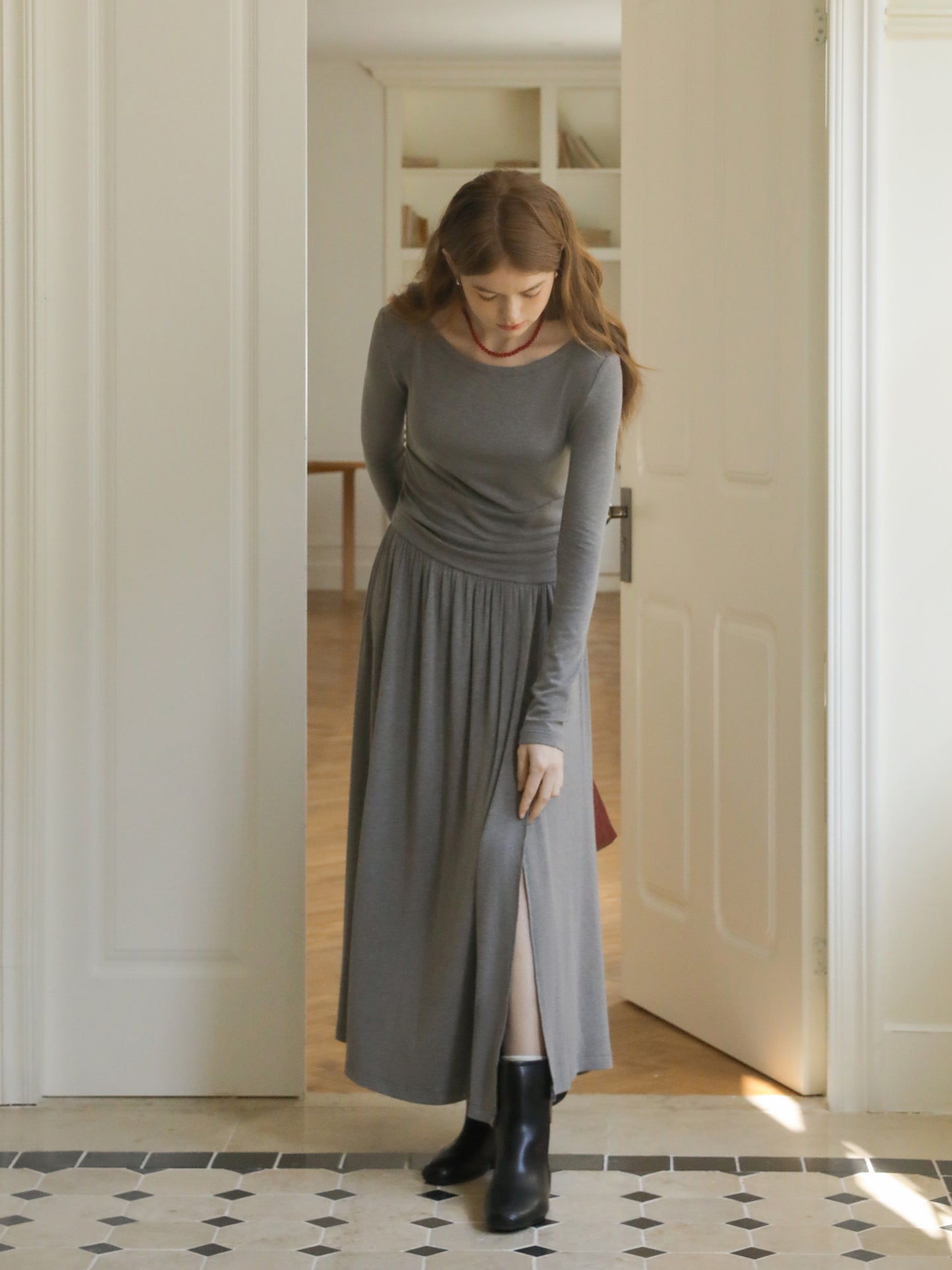 Overlapped Asymmetric Knit Dress With Ruched Waistline