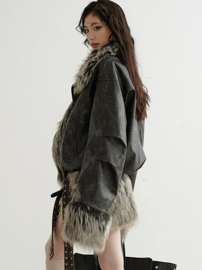 Sleeveless Zip-Up Belted Dress With Fur Skirt Hem