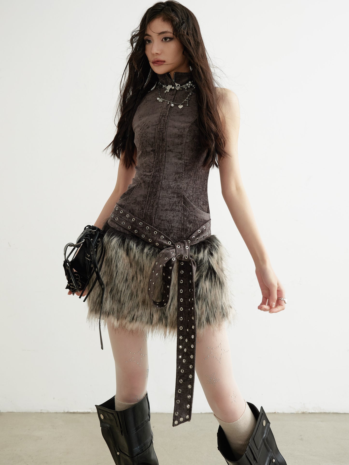 Sleeveless Zip-Up Belted Dress With Fur Skirt Hem