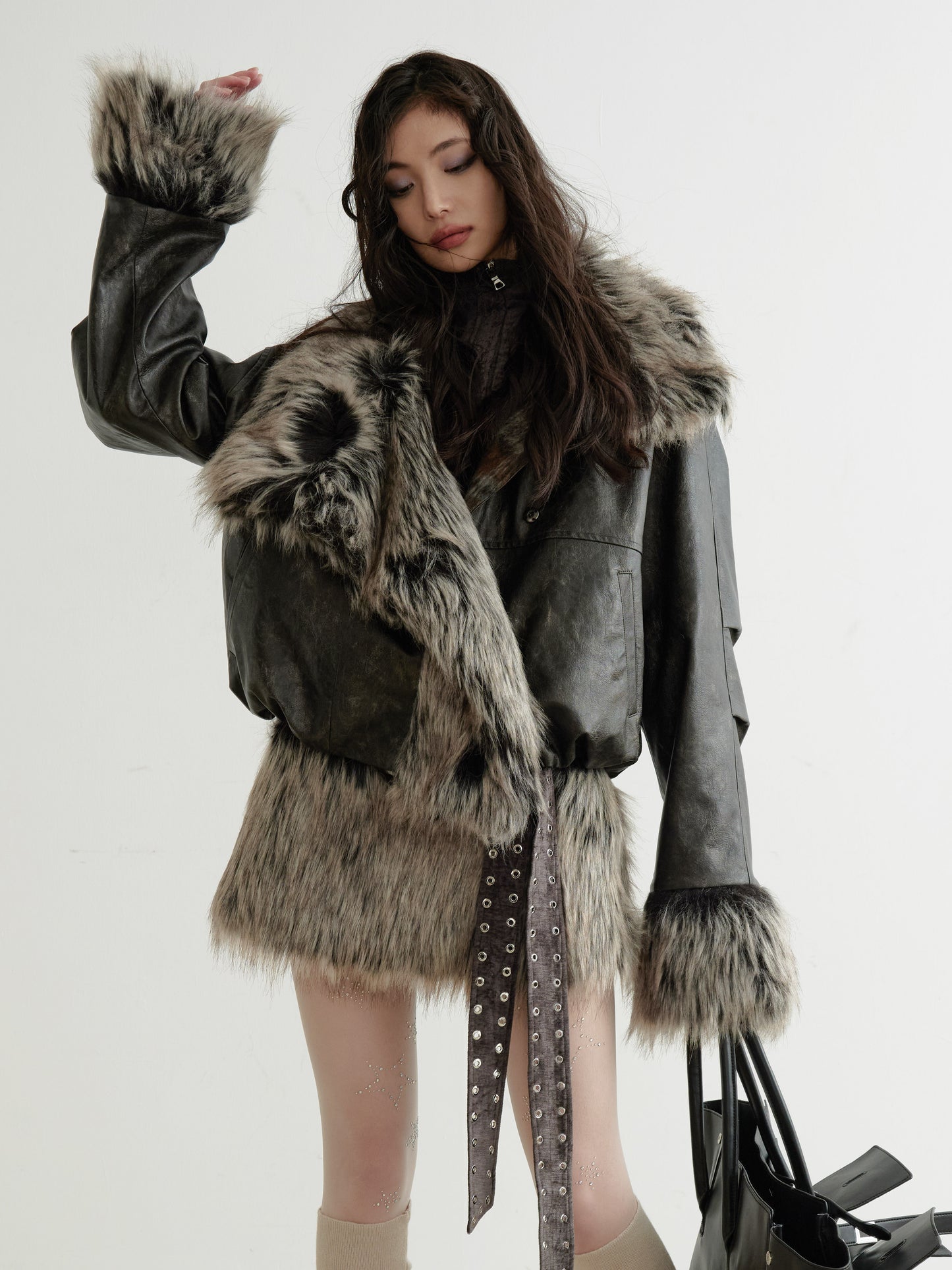 Sleeveless Zip-Up Belted Dress With Fur Skirt Hem