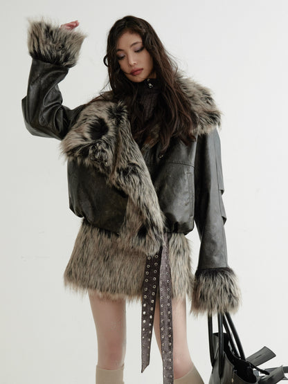 Sleeveless Zip-Up Belted Dress With Fur Skirt Hem