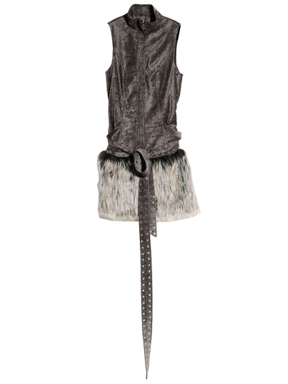 Sleeveless Zip-Up Belted Dress With Fur Skirt Hem