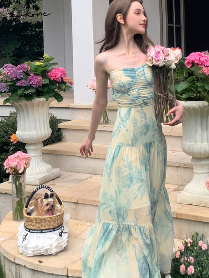 Floral Ruched Maxi Dress With Back Tie