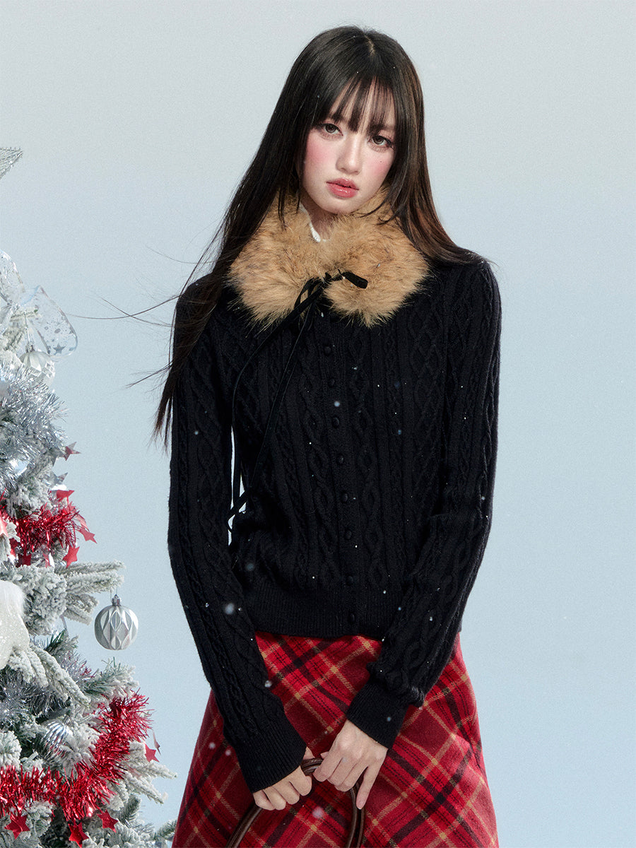 Button-Front Knit Cardigan With Detachable Fur Scarf