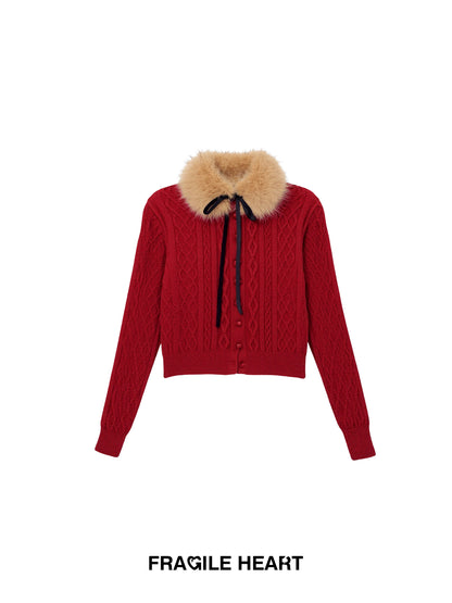 Button-Front Knit Cardigan With Detachable Fur Scarf