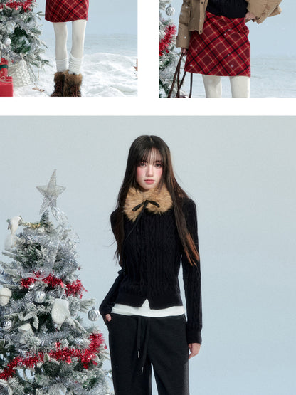 Button-Front Knit Cardigan With Detachable Fur Scarf