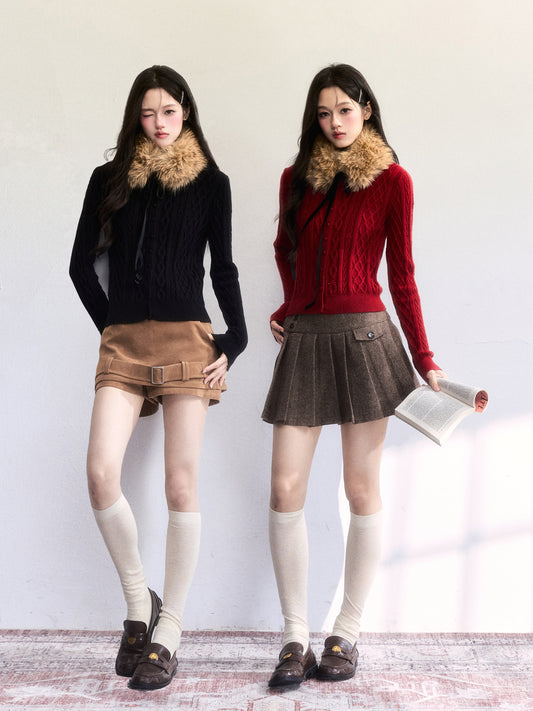 Button-Front Knit Cardigan With Detachable Fur Scarf
