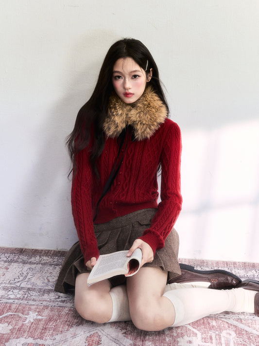 Button-Front Knit Cardigan With Detachable Fur Scarf