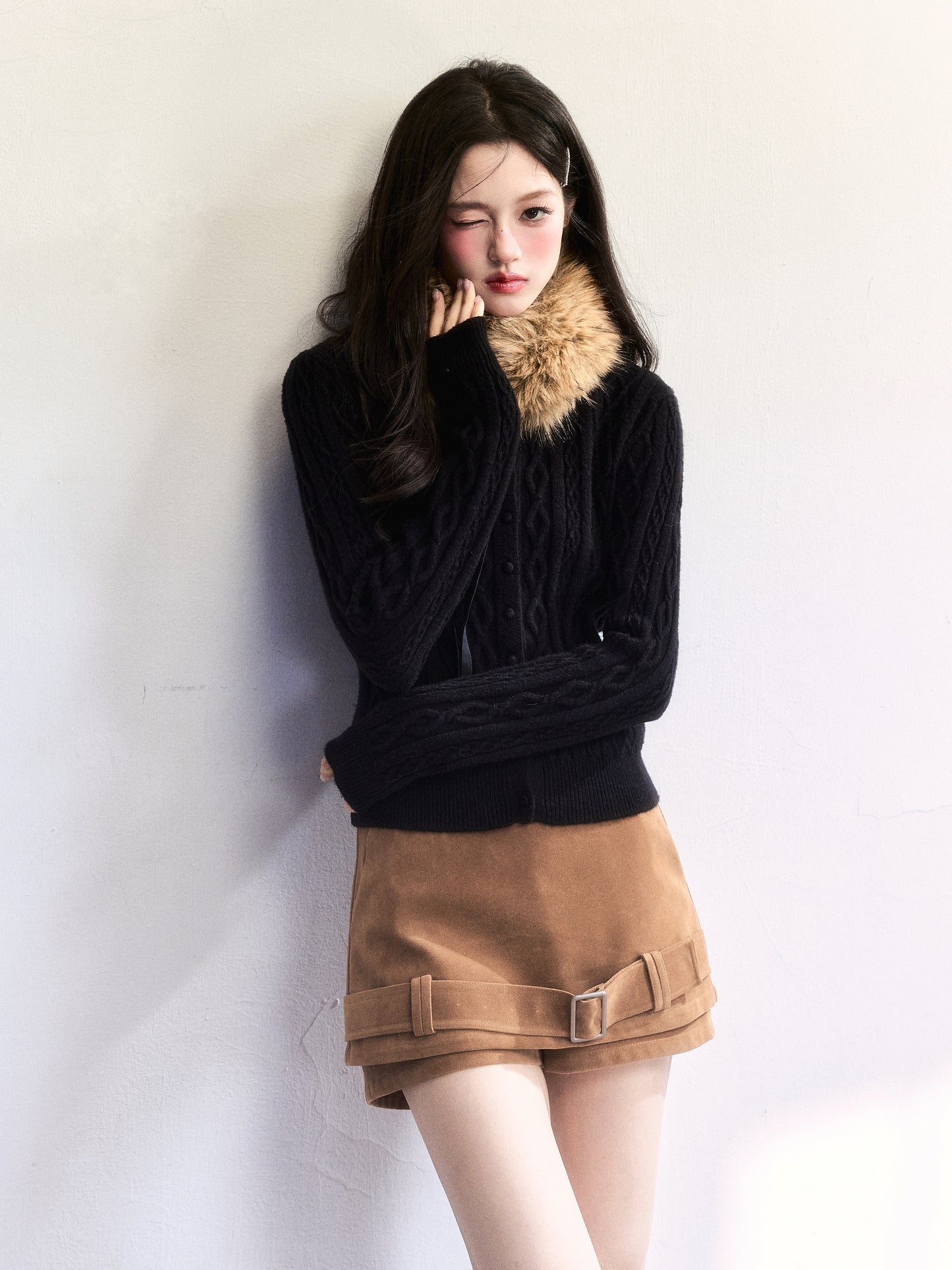 Button-Front Knit Cardigan With Detachable Fur Scarf