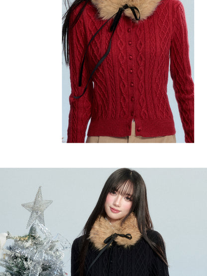 Button-Front Knit Cardigan With Detachable Fur Scarf