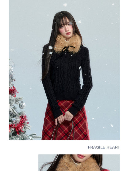 Button-Front Knit Cardigan With Detachable Fur Scarf