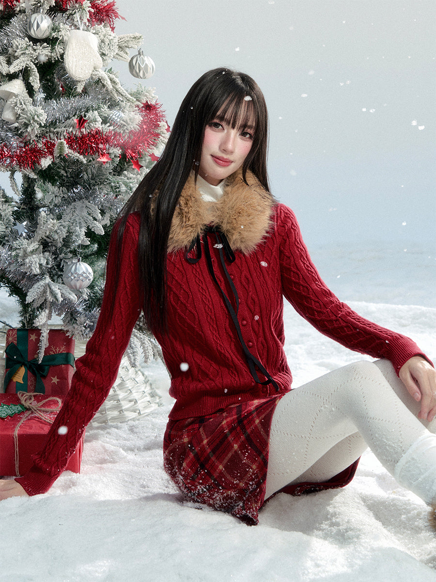 Button-Front Knit Cardigan With Detachable Fur Scarf