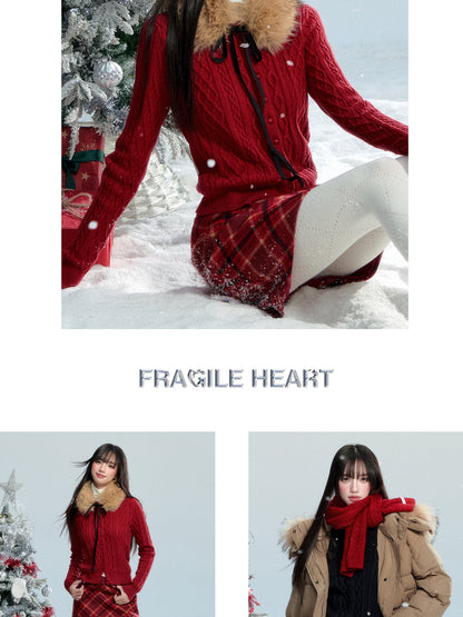 Button-Front Knit Cardigan With Detachable Fur Scarf