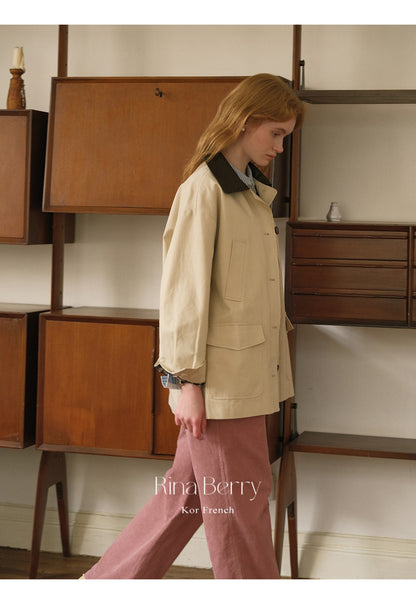 Relaxed Fit Contrast-Color Jacket With Plaid Detail