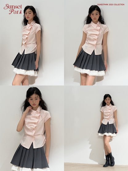 Asymmetric Blouse With Ruched Wavy Placket