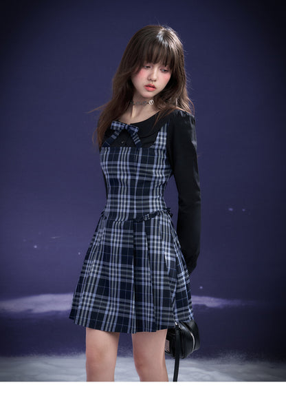 Peter Pan Collar Plaid Faux Layered Pleated Dress