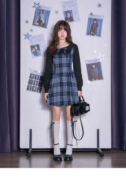 Peter Pan Collar Plaid Faux Layered Pleated Dress