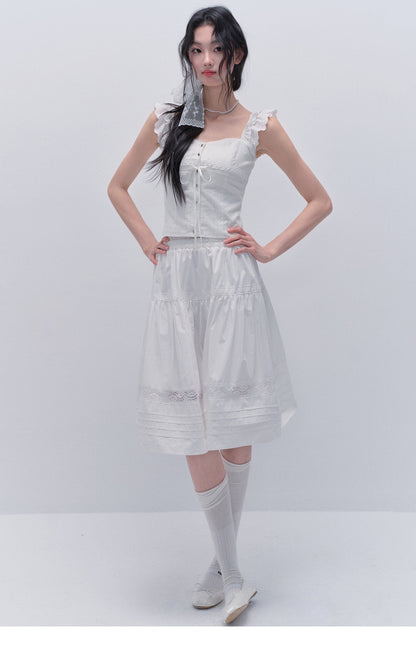 Cotton Lace Sleeveless Button-Up Top And Matching Skirt