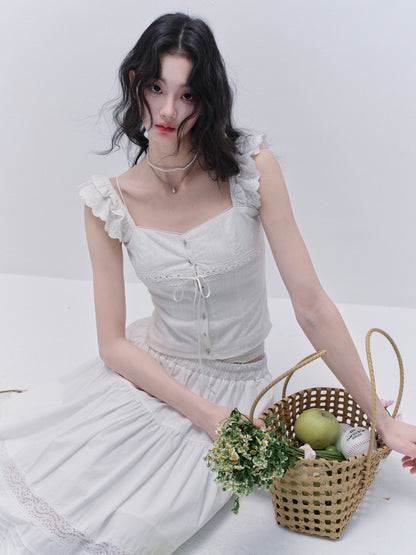 Cotton Lace Sleeveless Button-Up Top And Matching Skirt