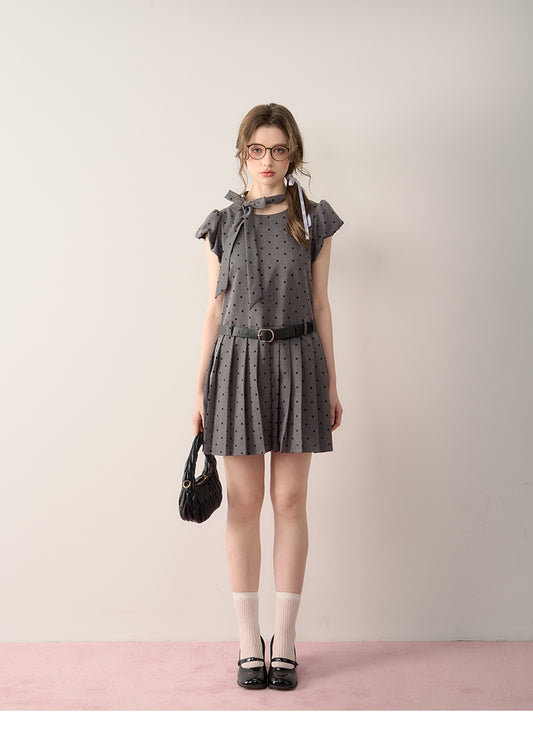 Bubble Sleeve Pleated Dot Dress With Ribbon