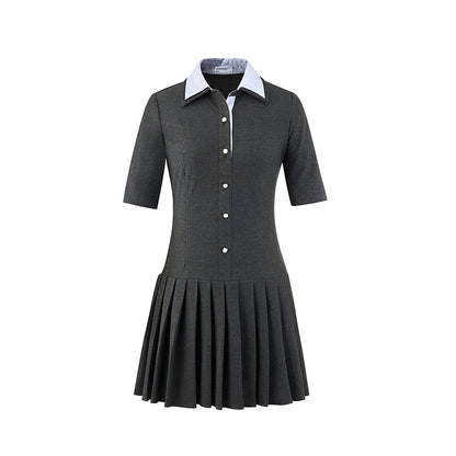 Half-Sleeve Pleated Shirt Dress With Double Collar