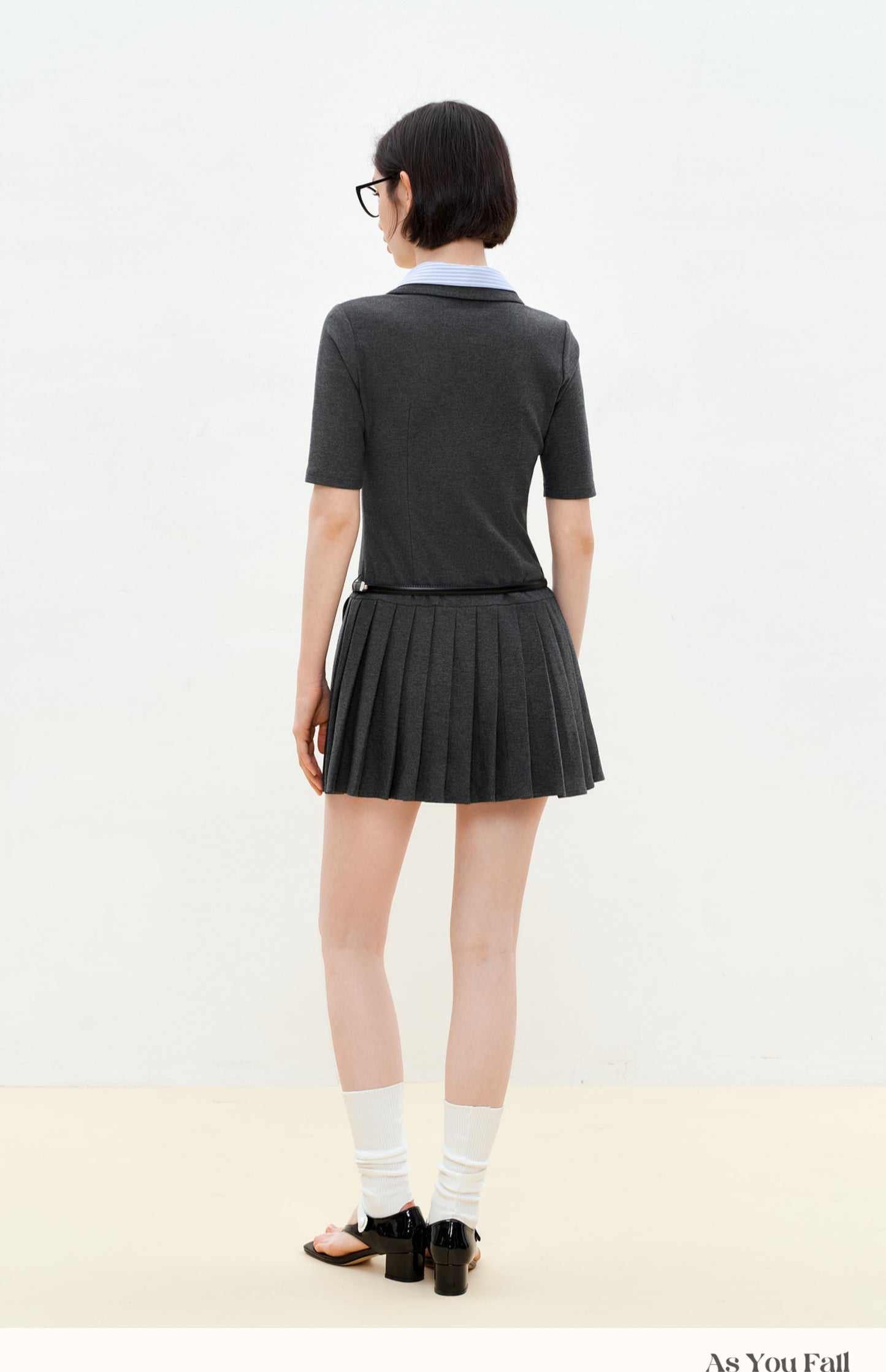 Half-Sleeve Pleated Shirt Dress With Double Collar