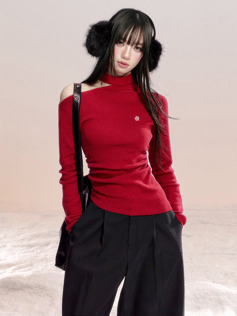 One-Shoulder Ruched Cotton Knit Top With Hibiscus Embroidery