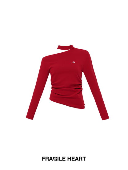 One-Shoulder Ruched Cotton Knit Top With Hibiscus Embroidery