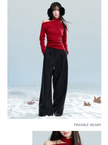 One-Shoulder Ruched Cotton Knit Top With Hibiscus Embroidery